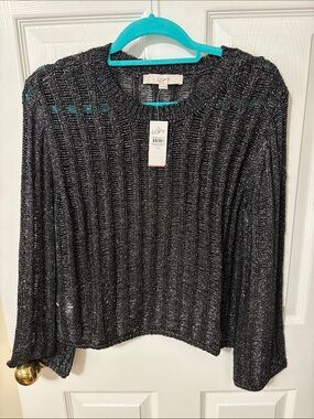 LOFT Black Metallic Ribbed Pullover